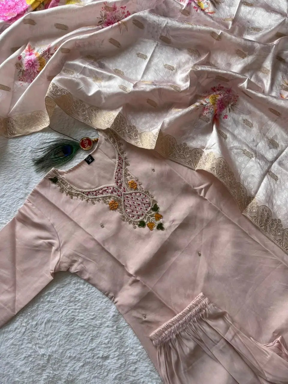 Embroidered Roman Silk Suit Set