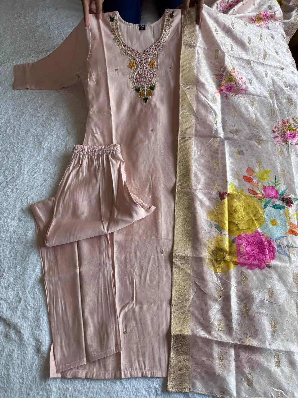 Embroidered Roman Silk Suit Set