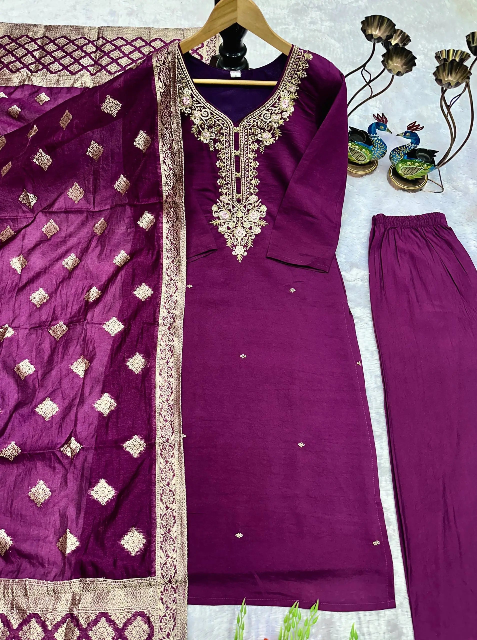 Embroidered Roman Silk Suit Set with Jacquard Dupatta