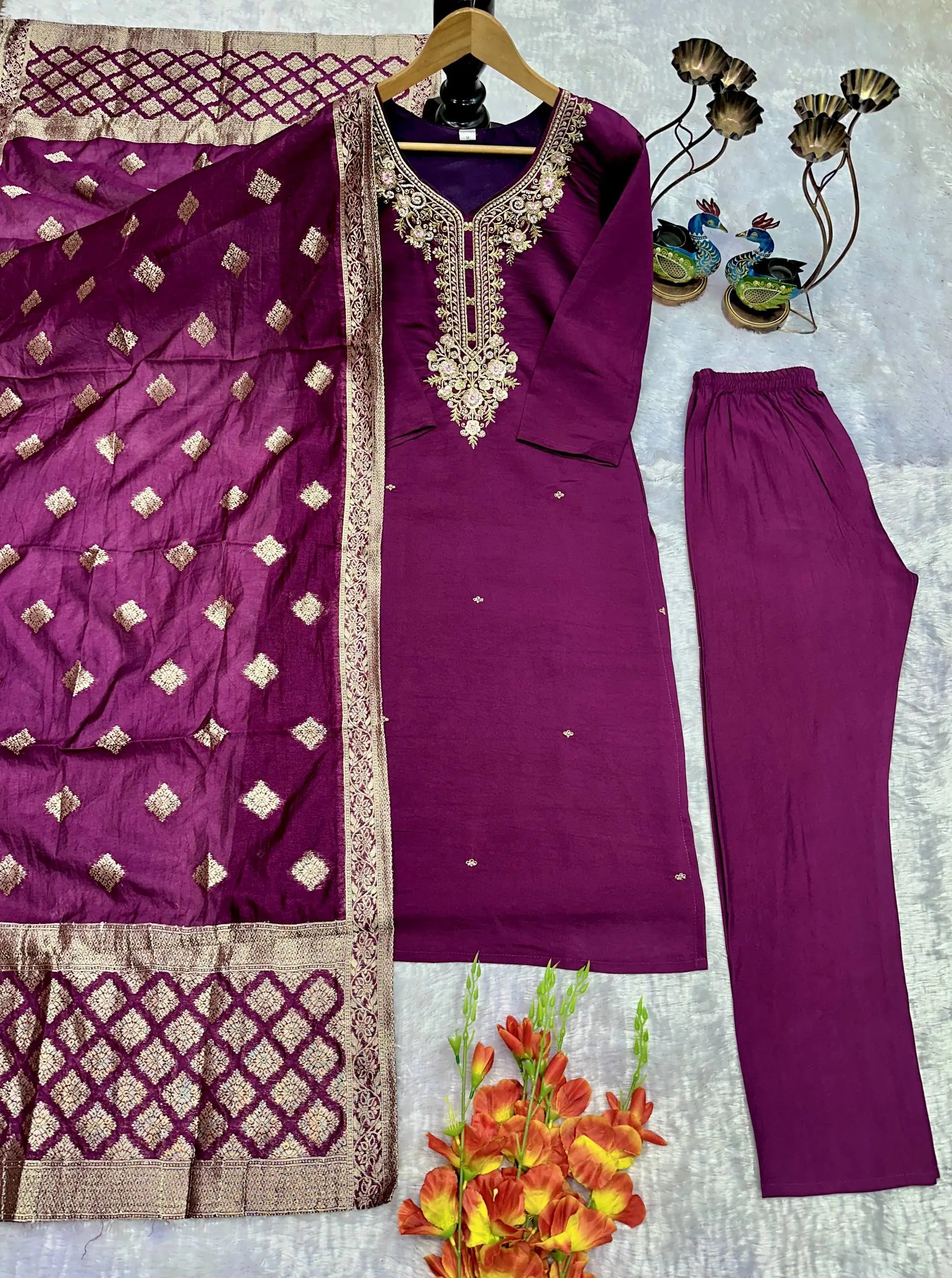 Embroidered Roman Silk Suit Set with Jacquard Dupatta
