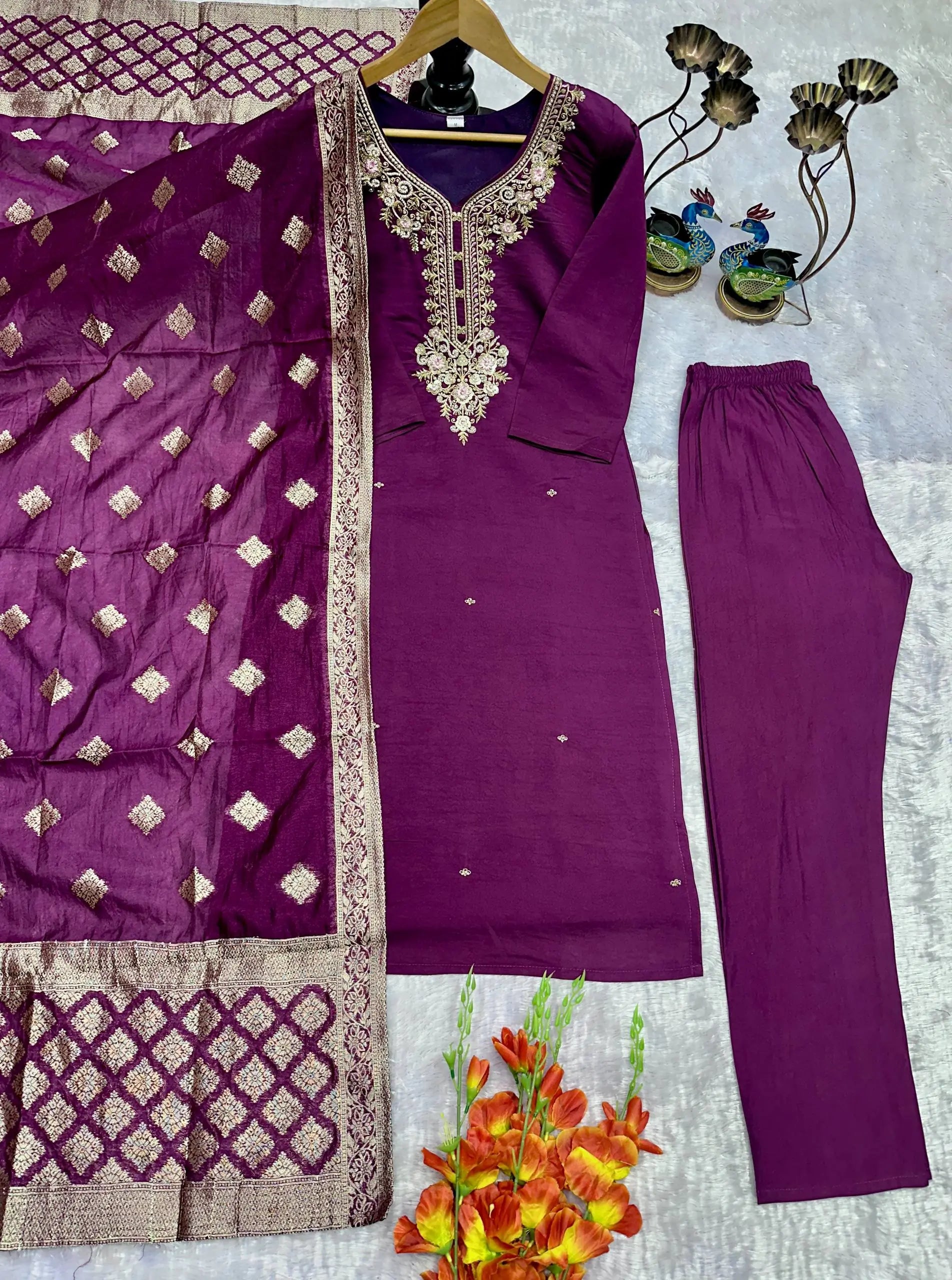 Embroidered Roman Silk Suit Set with Jacquard Dupatta