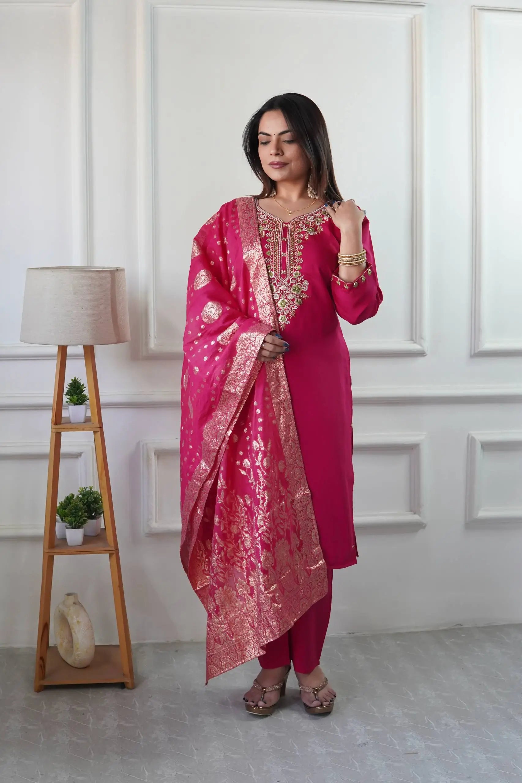 Embroidered Roman Silk Suit Set with Jacquard Dupatta