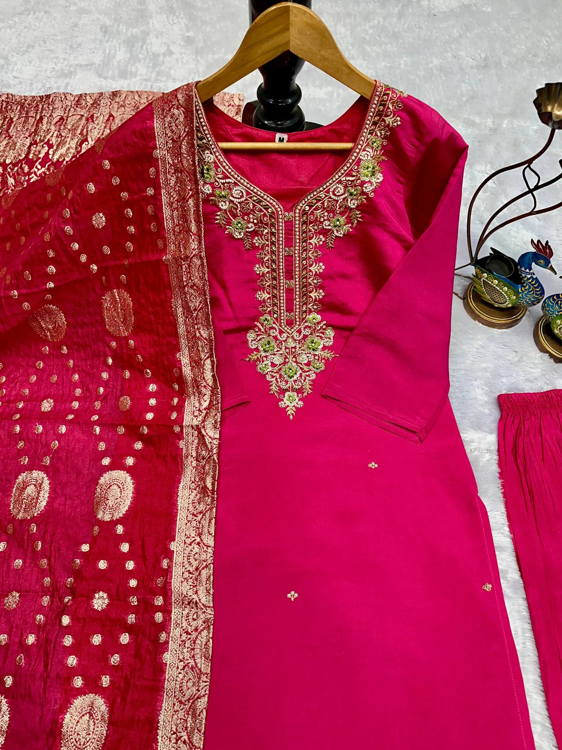 Embroidered Roman Silk Suit Set with Jacquard Dupatta