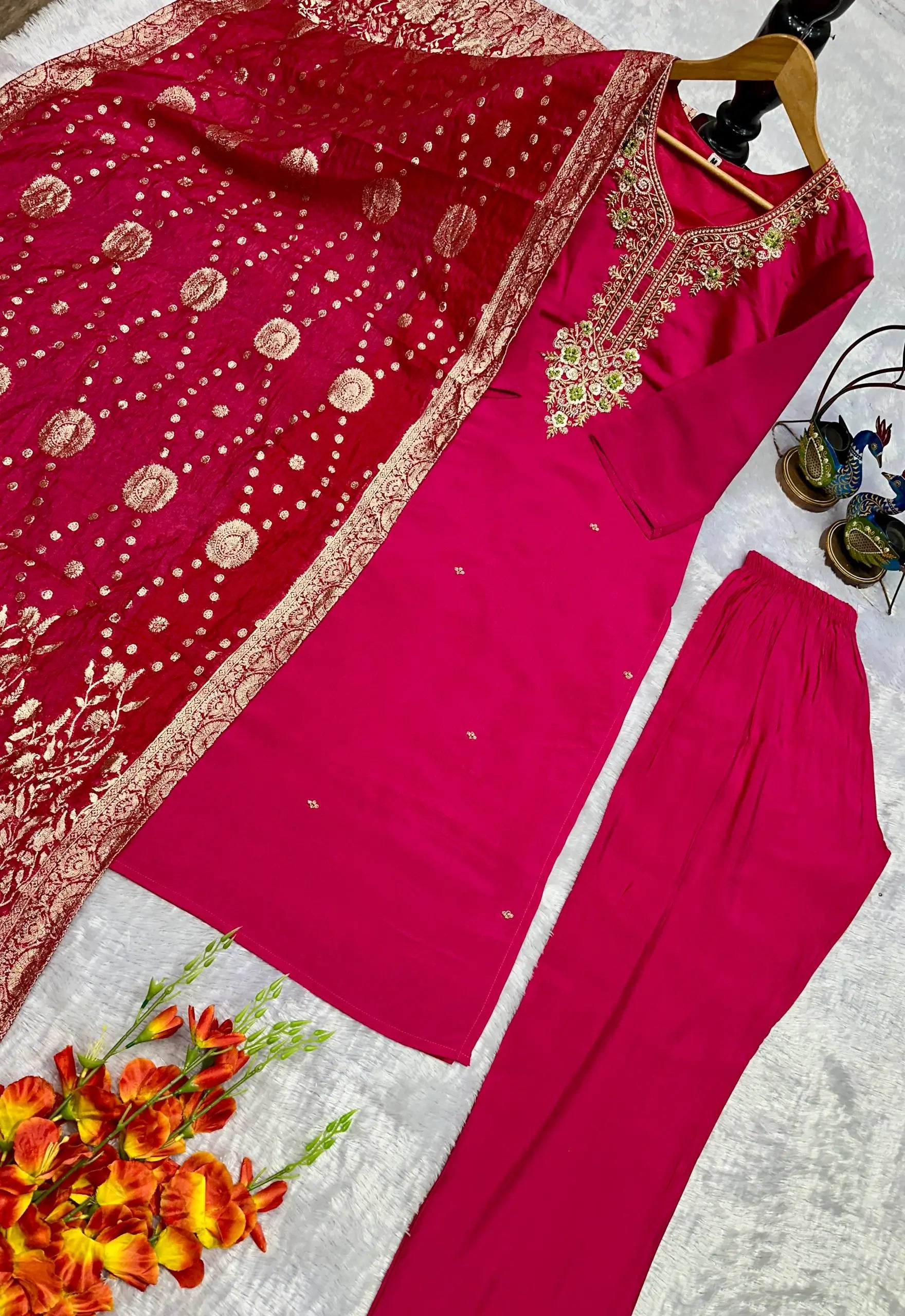 Embroidered Roman Silk Suit Set with Jacquard Dupatta