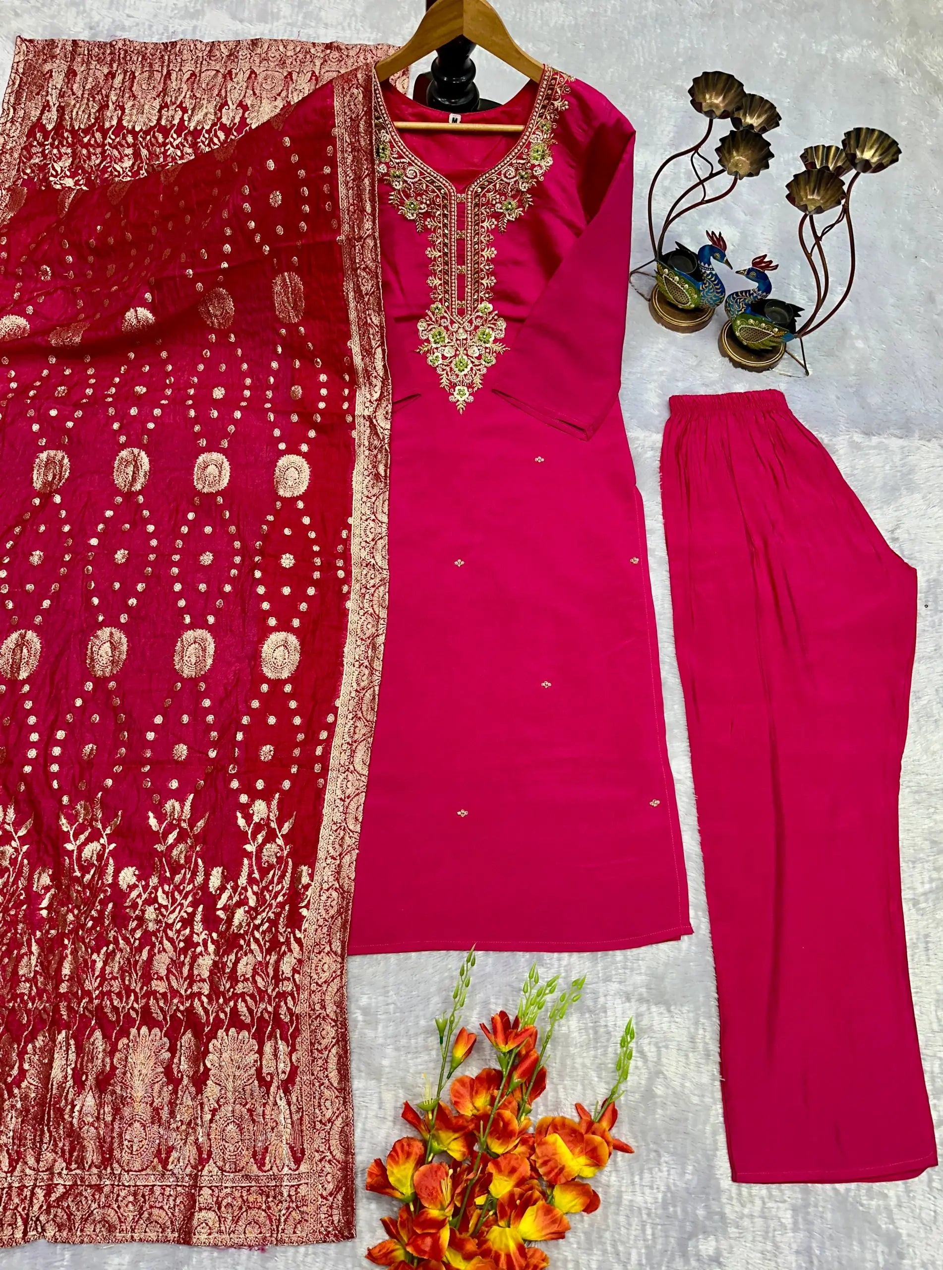 Embroidered Roman Silk Suit Set with Jacquard Dupatta