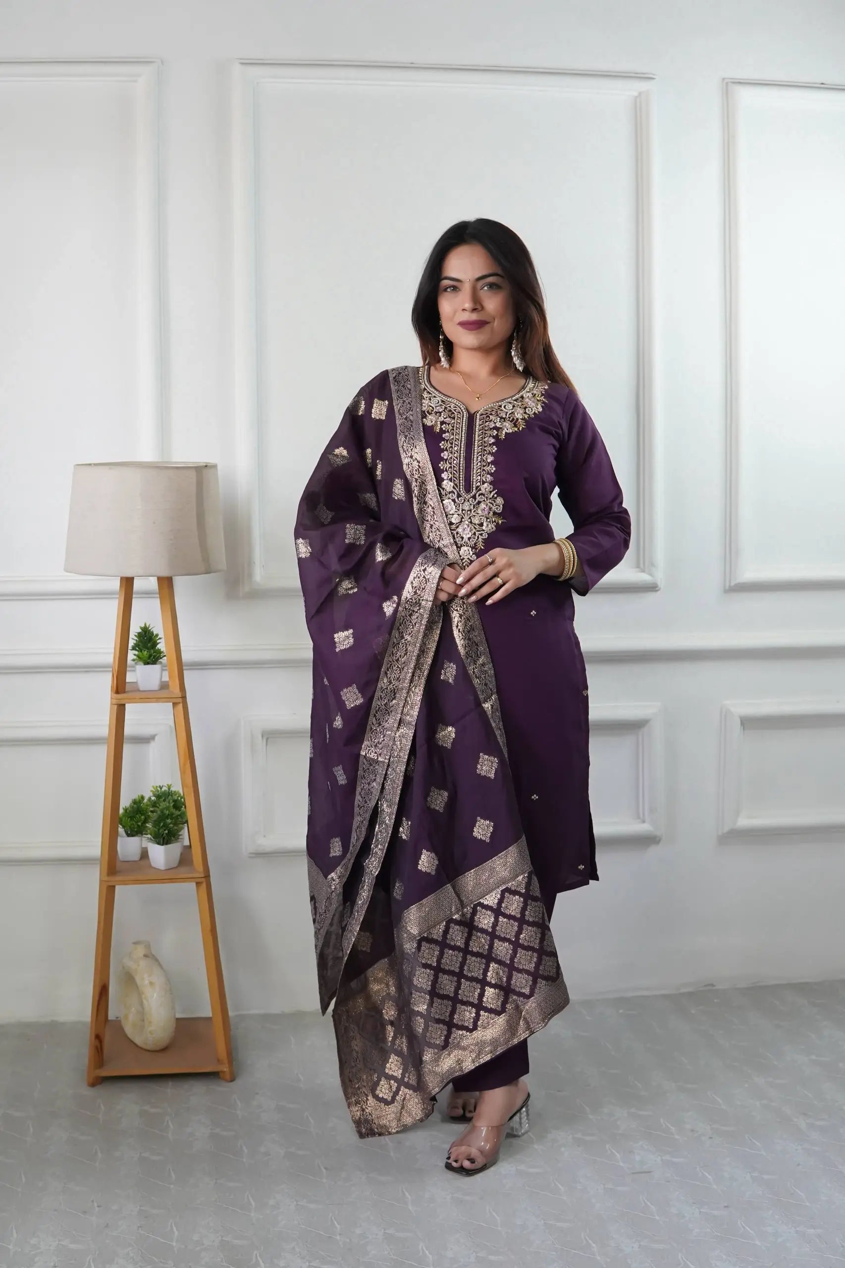 Embroidered Roman Silk Suit Set with Jacquard Dupatta
