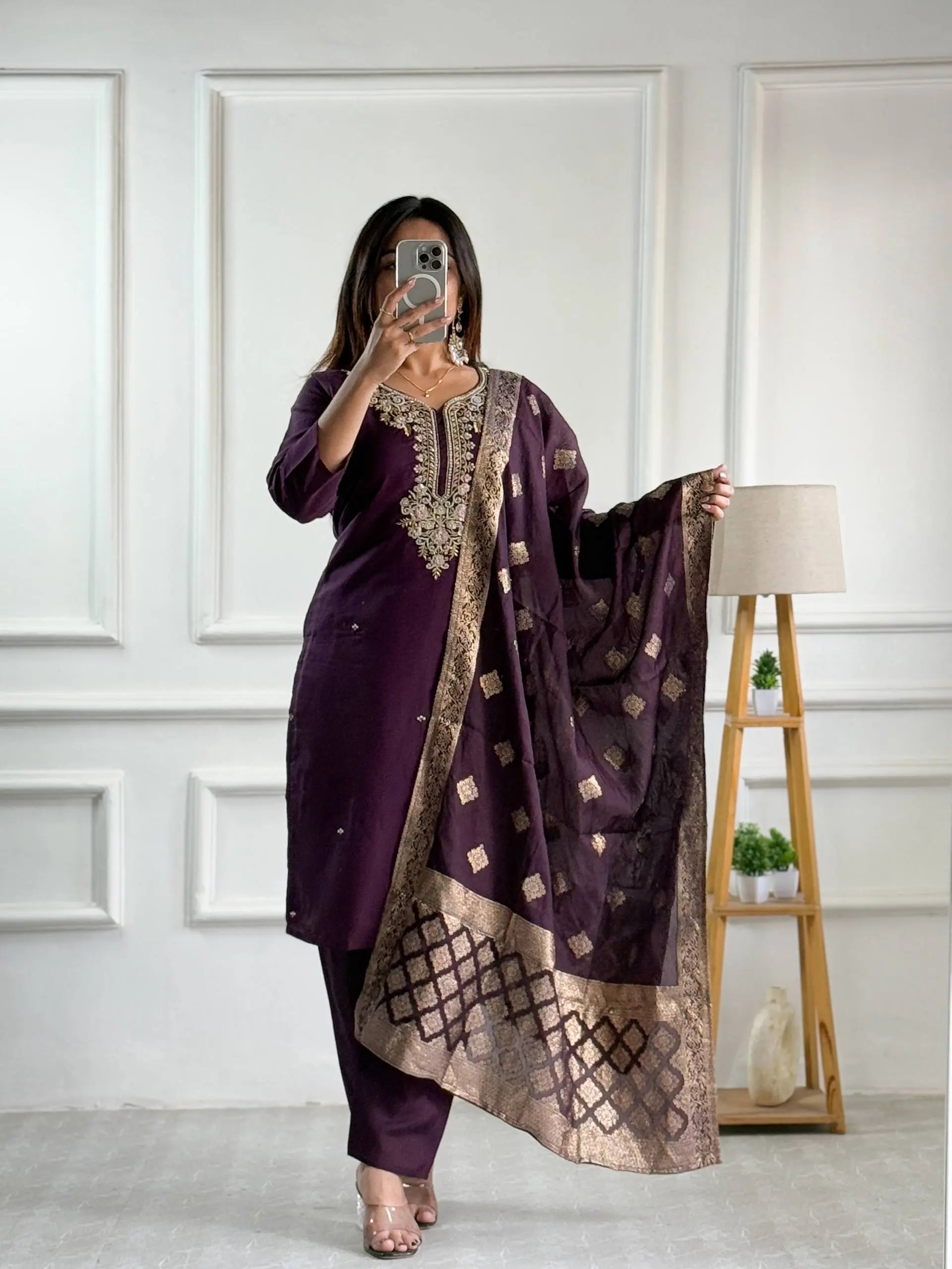 Embroidered Roman Silk Suit Set with Jacquard Dupatta