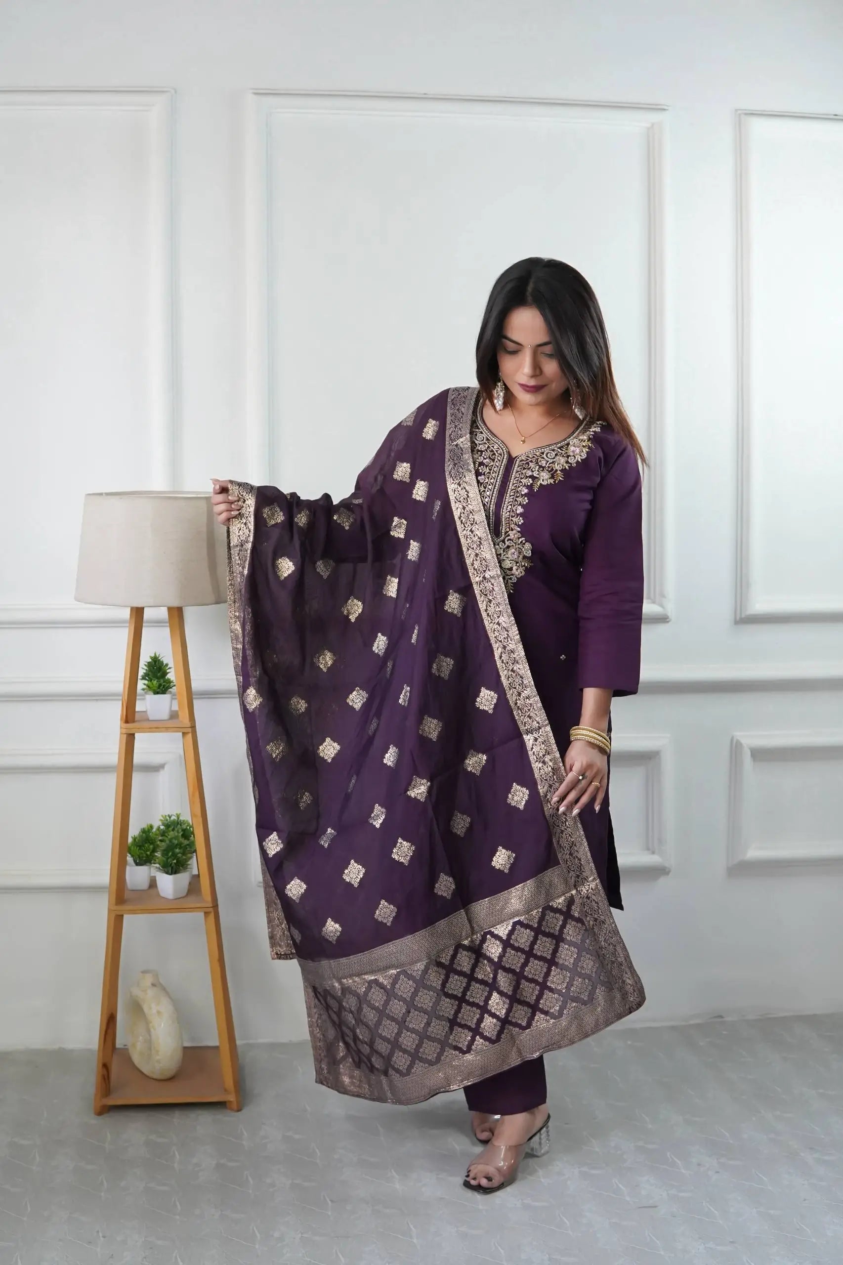 Embroidered Roman Silk Suit Set with Jacquard Dupatta