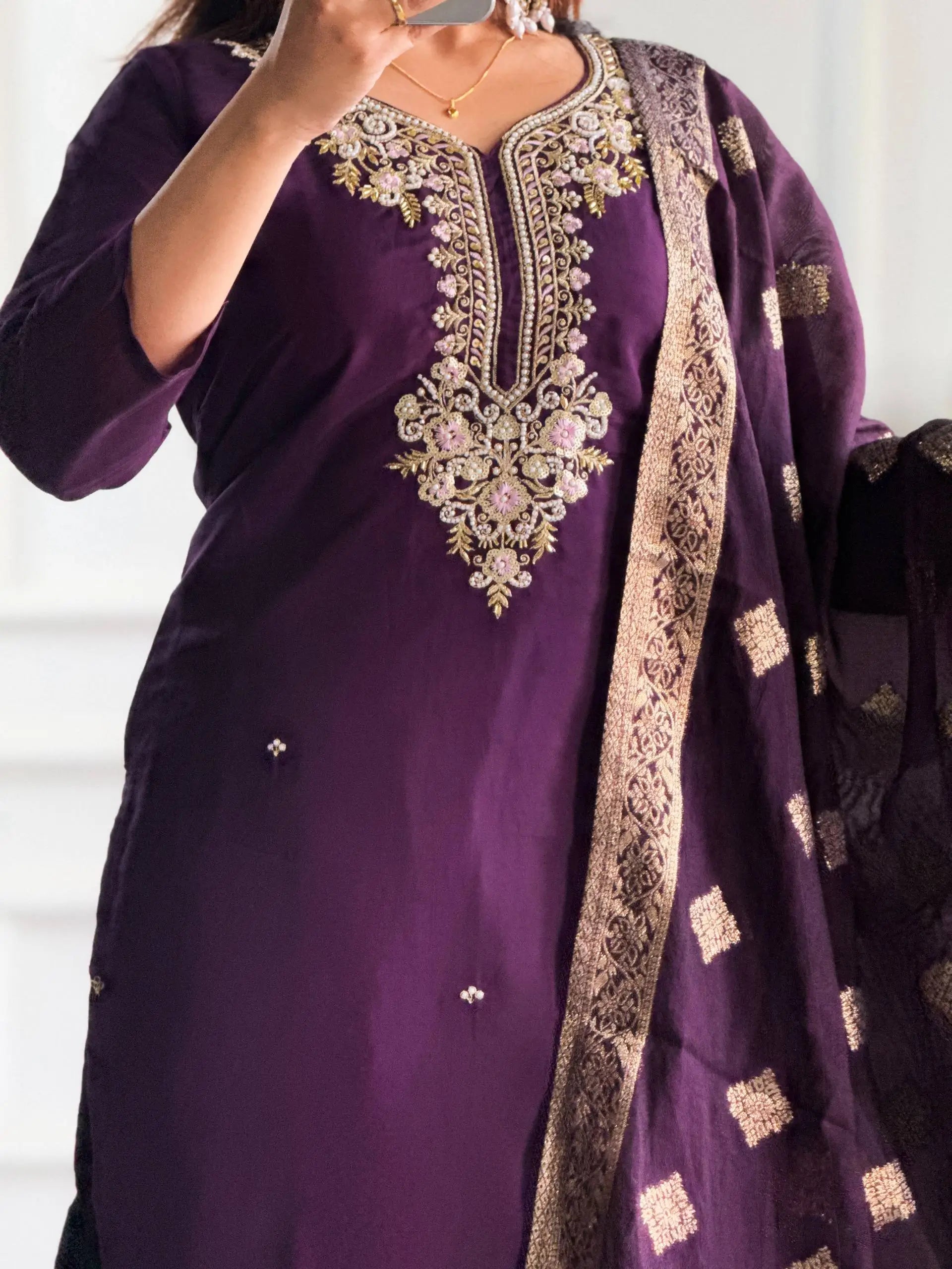 Embroidered Roman Silk Suit Set with Jacquard Dupatta