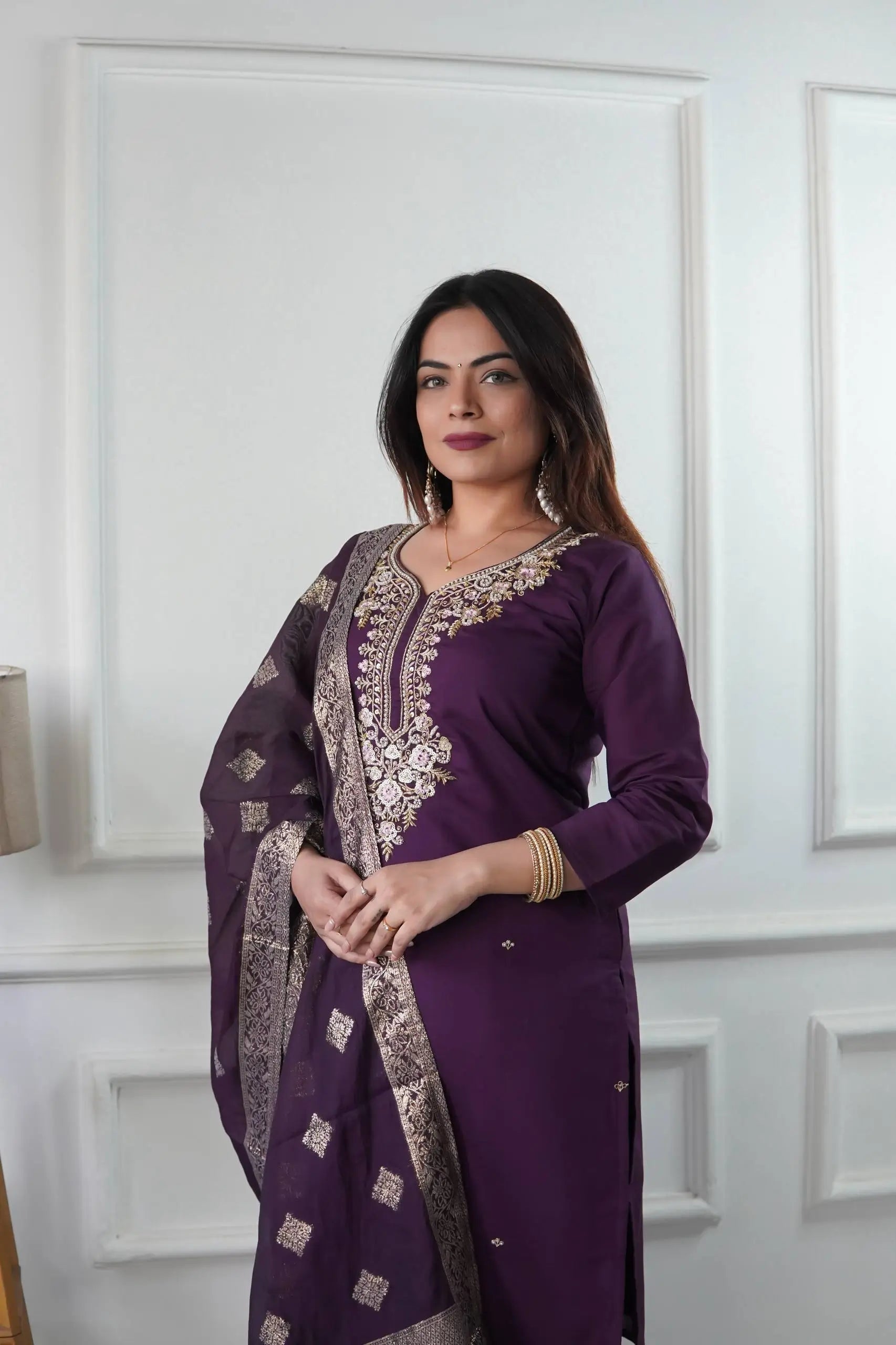 Embroidered Roman Silk Suit Set with Jacquard Dupatta