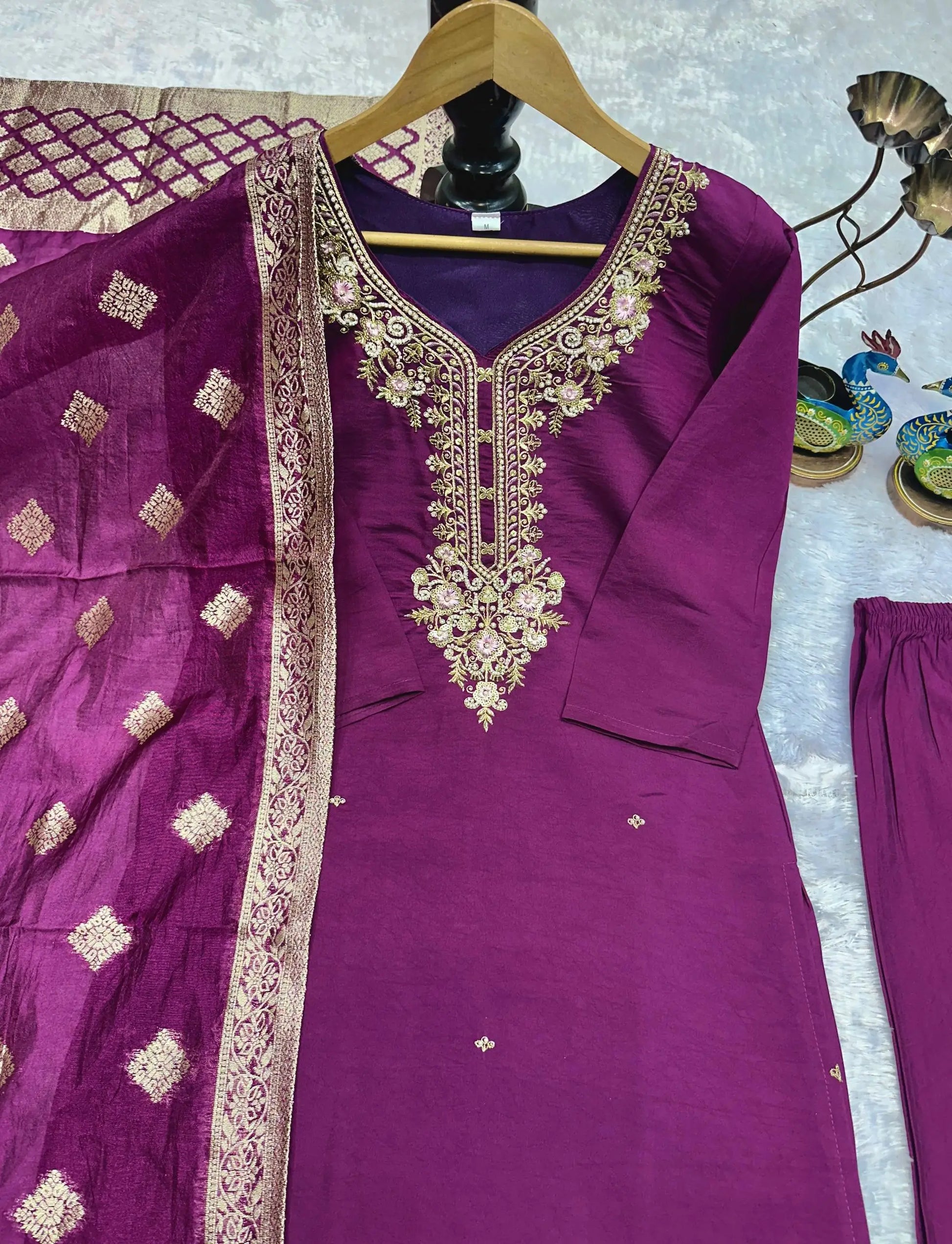 Embroidered Roman Silk Suit Set with Jacquard Dupatta