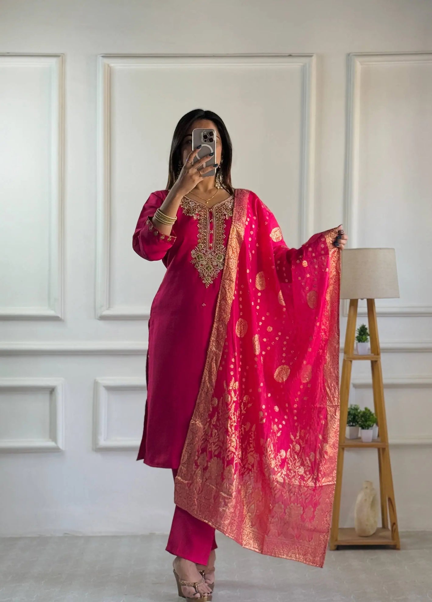 Embroidered Roman Silk Suit Set with Jacquard Dupatta