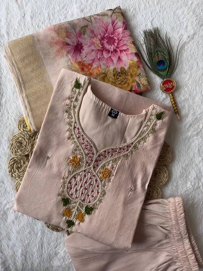 Embroidered Roman Silk Suit Set
