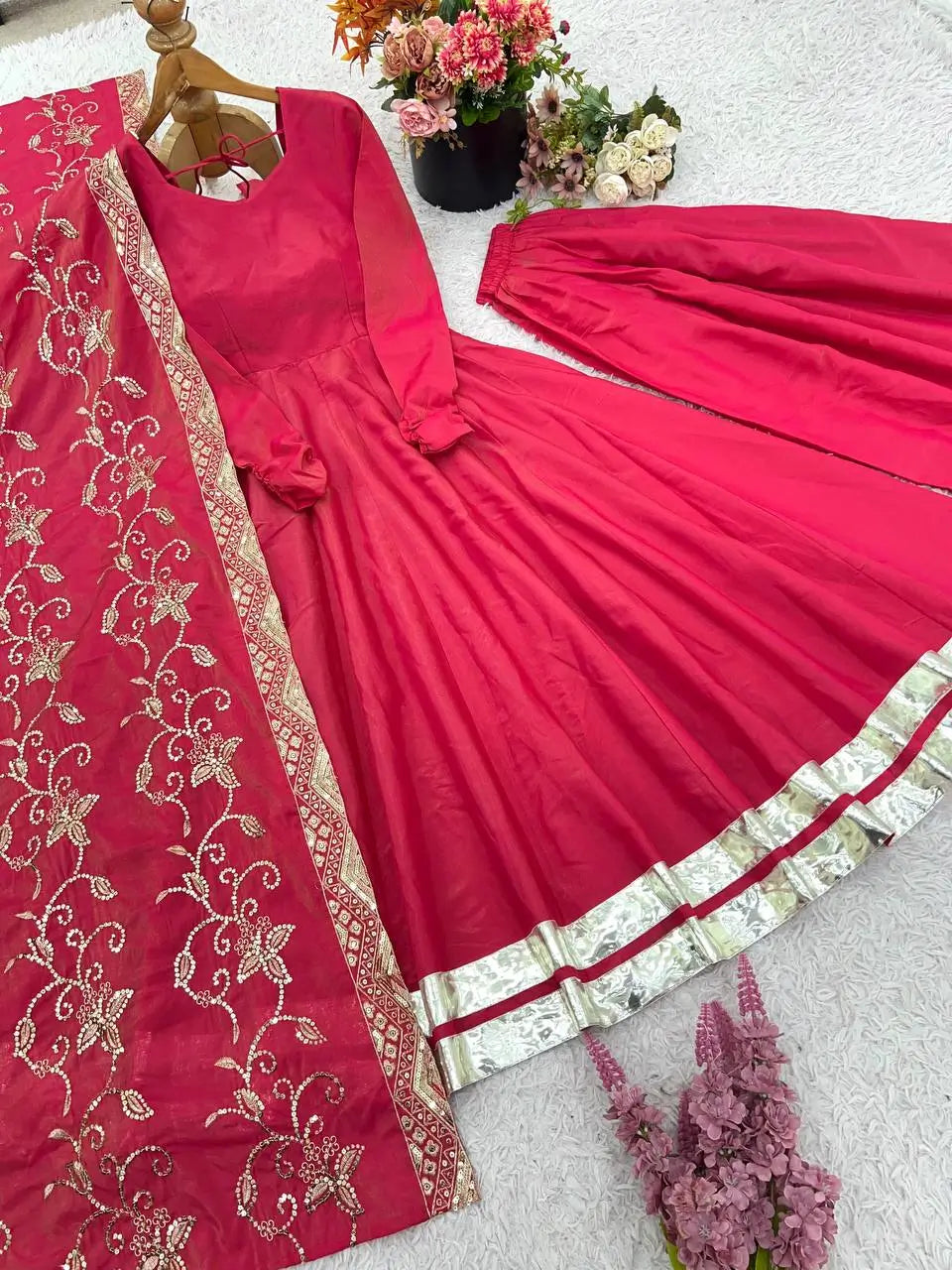 Embroidered Roman Simmer Silk Anarkali Suit Set with Dupatta