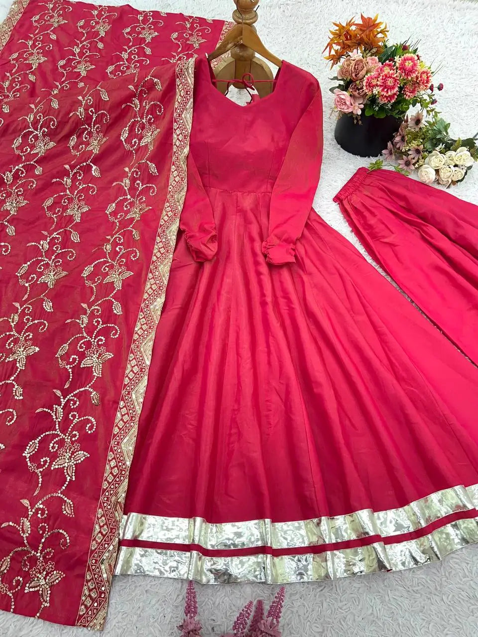 Embroidered Roman Simmer Silk Anarkali Suit Set with Dupatta