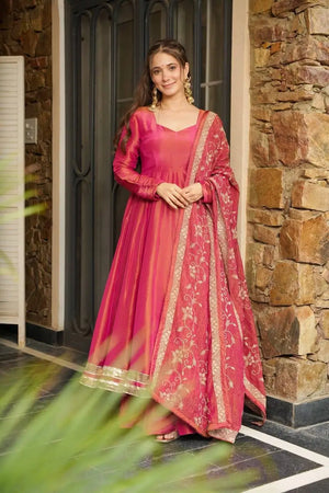 Embroidered Roman Simmer Silk Anarkali Suit Set with Dupatta