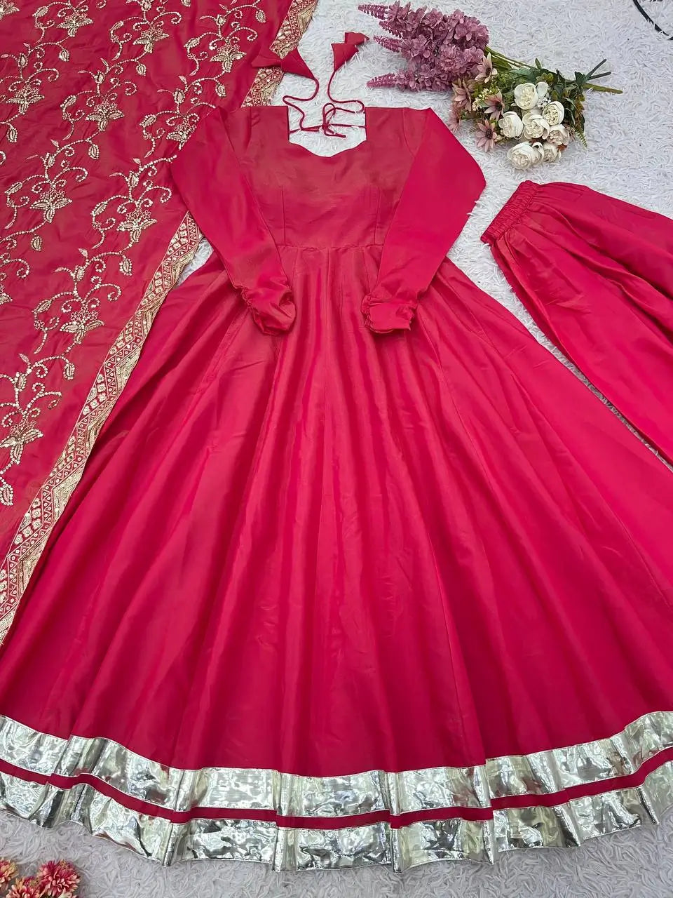 Embroidered Roman Simmer Silk Anarkali Suit Set with Dupatta