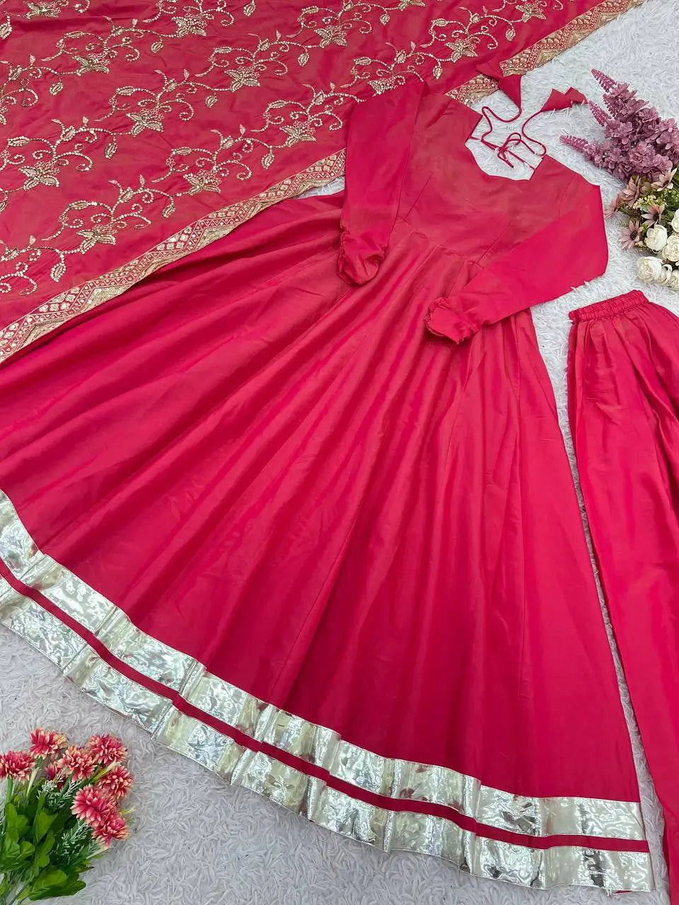 Embroidered Roman Simmer Silk Anarkali Suit Set with Dupatta