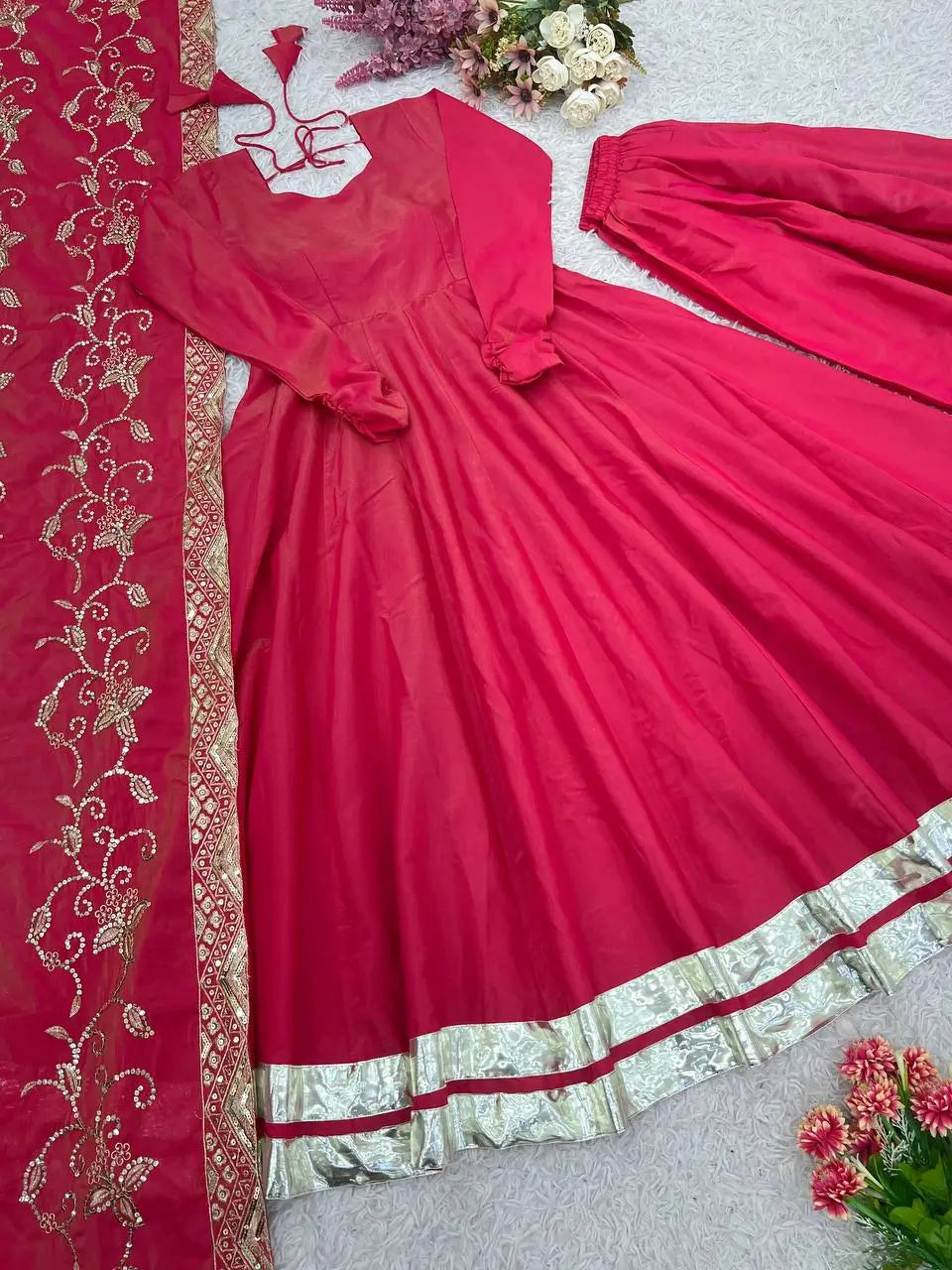 Embroidered Roman Simmer Silk Anarkali Suit Set with Dupatta