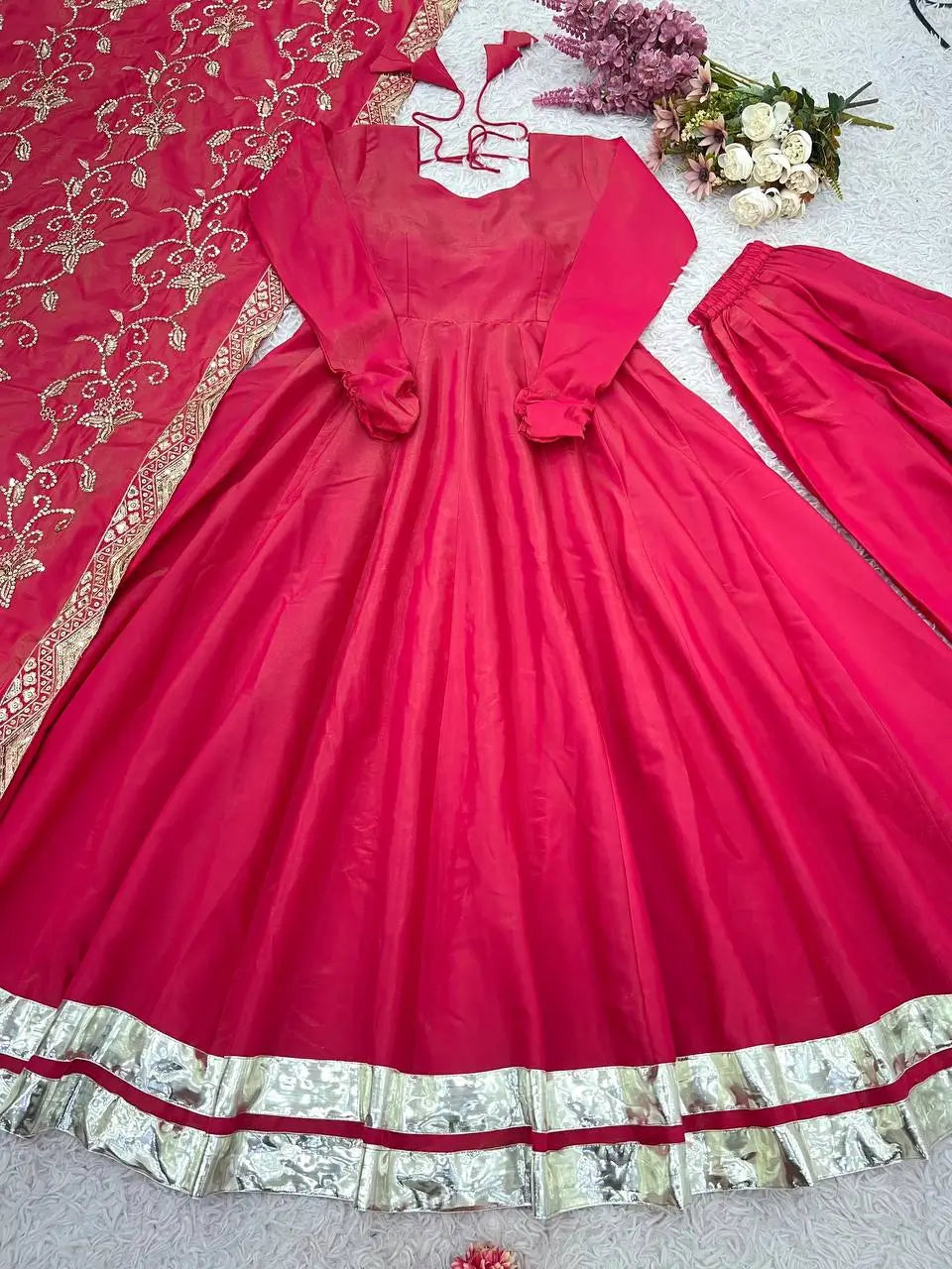 Embroidered Roman Simmer Silk Anarkali Suit Set with Dupatta