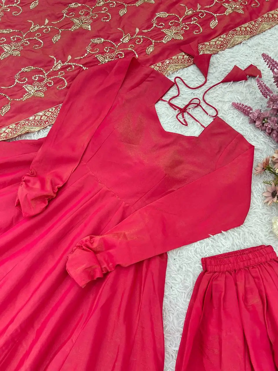 Embroidered Roman Simmer Silk Anarkali Suit Set with Dupatta