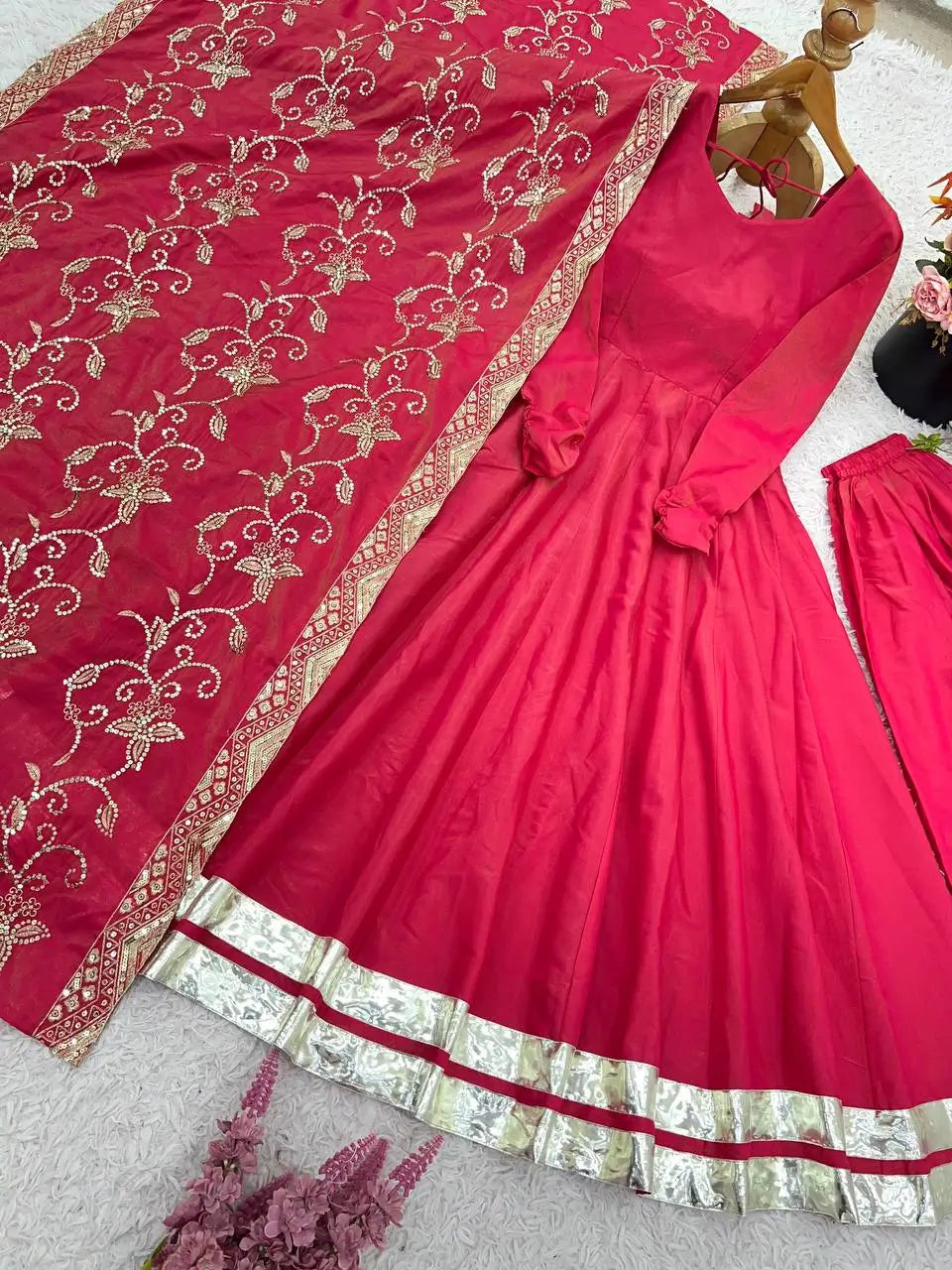 Embroidered Roman Simmer Silk Anarkali Suit Set with Dupatta