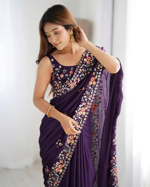 Embroidered Satin Chiffon Saree With Designer Blouse