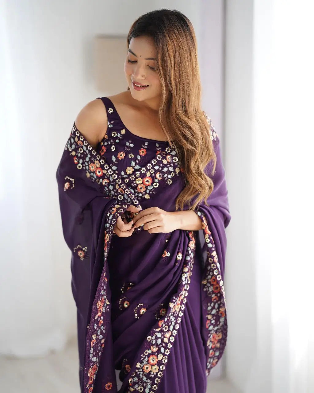 Embroidered Satin Chiffon Saree With Designer Blouse