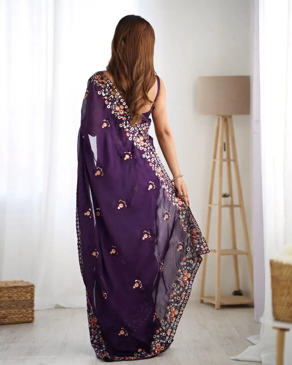 Embroidered Satin Chiffon Saree With Designer Blouse