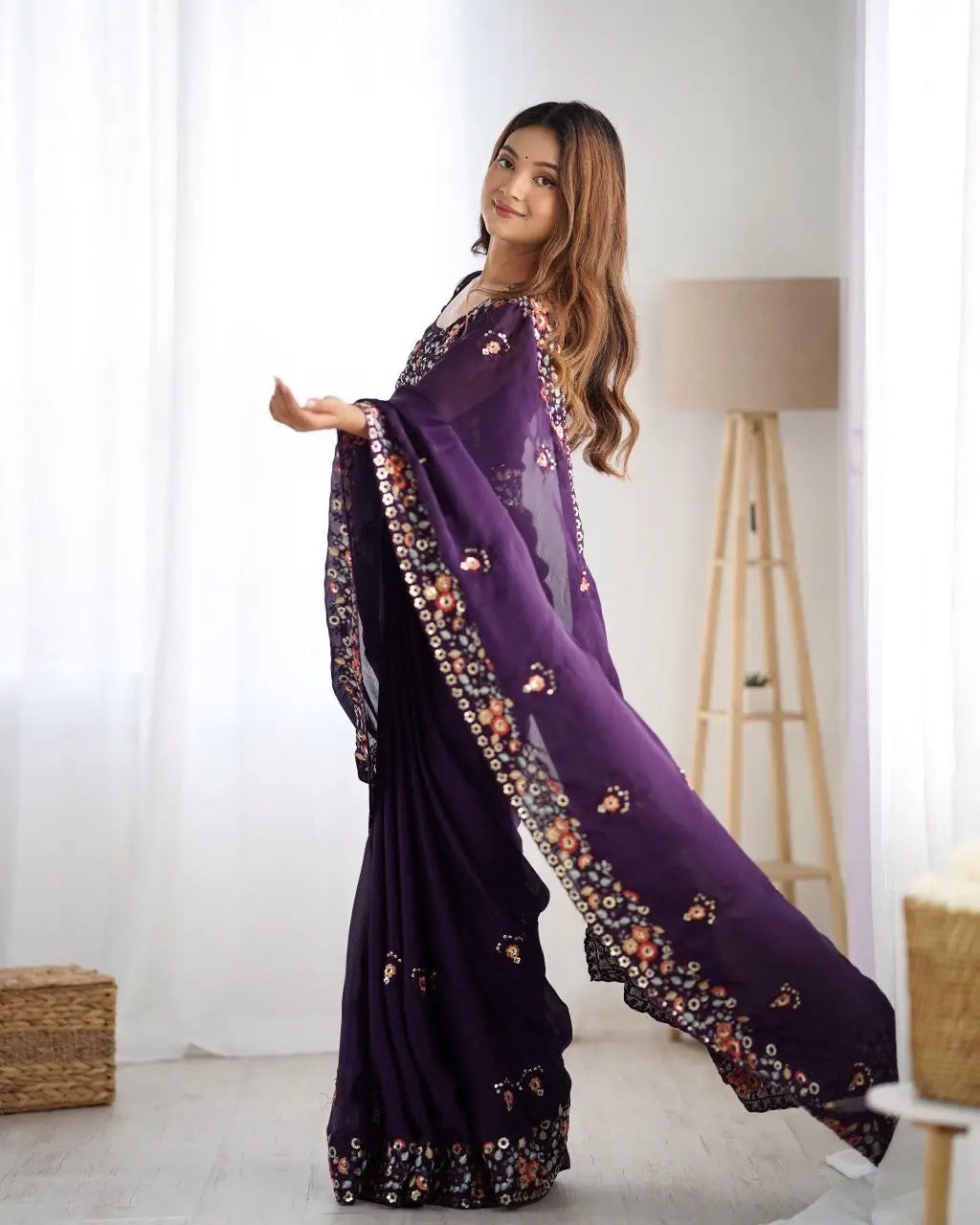 Embroidered Satin Chiffon Saree With Designer Blouse