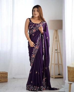 Embroidered Satin Chiffon Saree With Designer Blouse