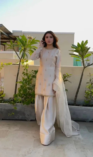 Embroidered Satin Farshi Palazzo Suit Set