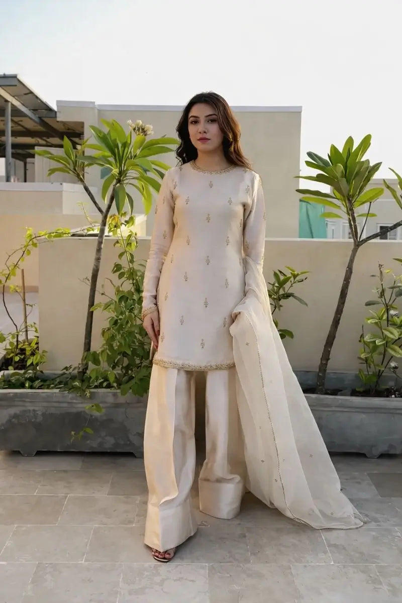 Embroidered Satin Farshi Palazzo Suit Set