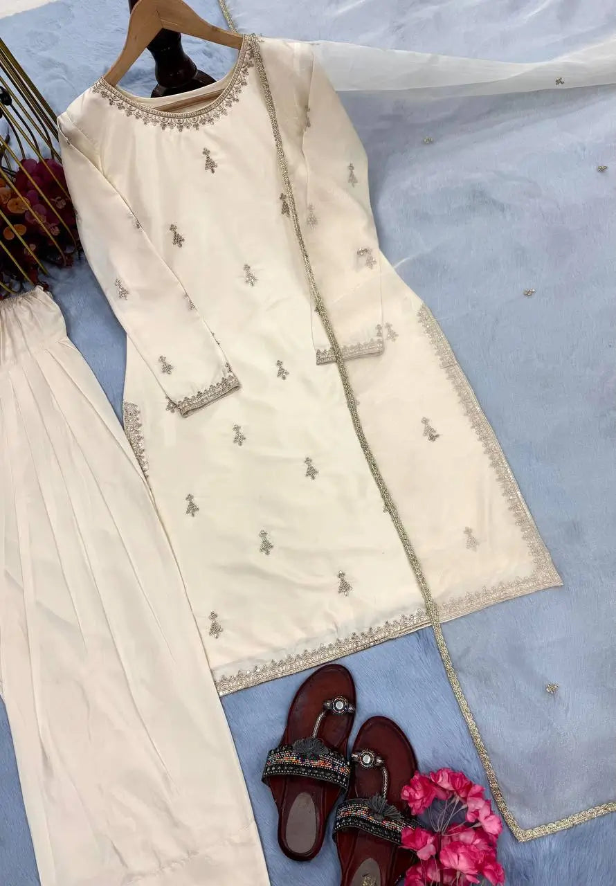 Embroidered Satin Farshi Palazzo Suit Set