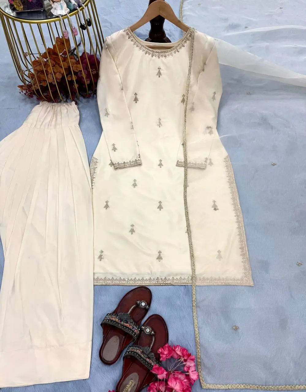 Embroidered Satin Farshi Palazzo Suit Set