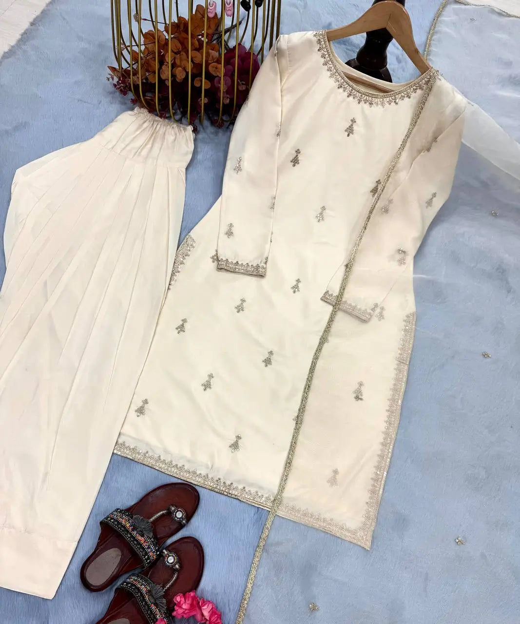 Embroidered Satin Farshi Palazzo Suit Set