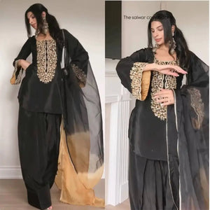 Embroidered Satin Palazzo Suit Set