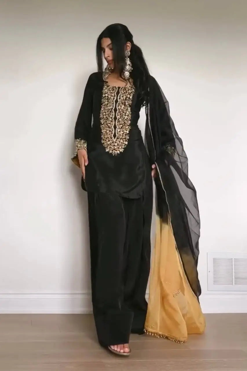 Embroidered Satin Palazzo Suit Set