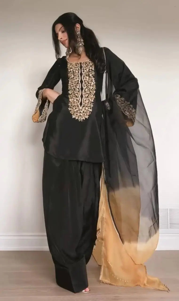 Embroidered Satin Palazzo Suit Set