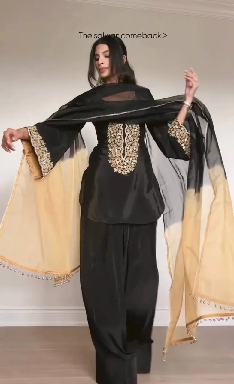 Embroidered Satin Palazzo Suit Set