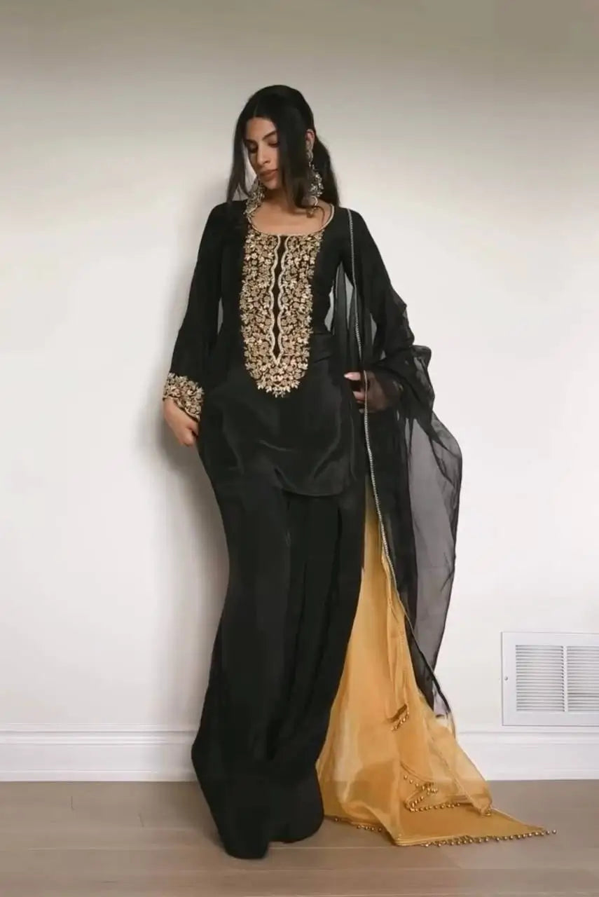Embroidered Satin Palazzo Suit Set