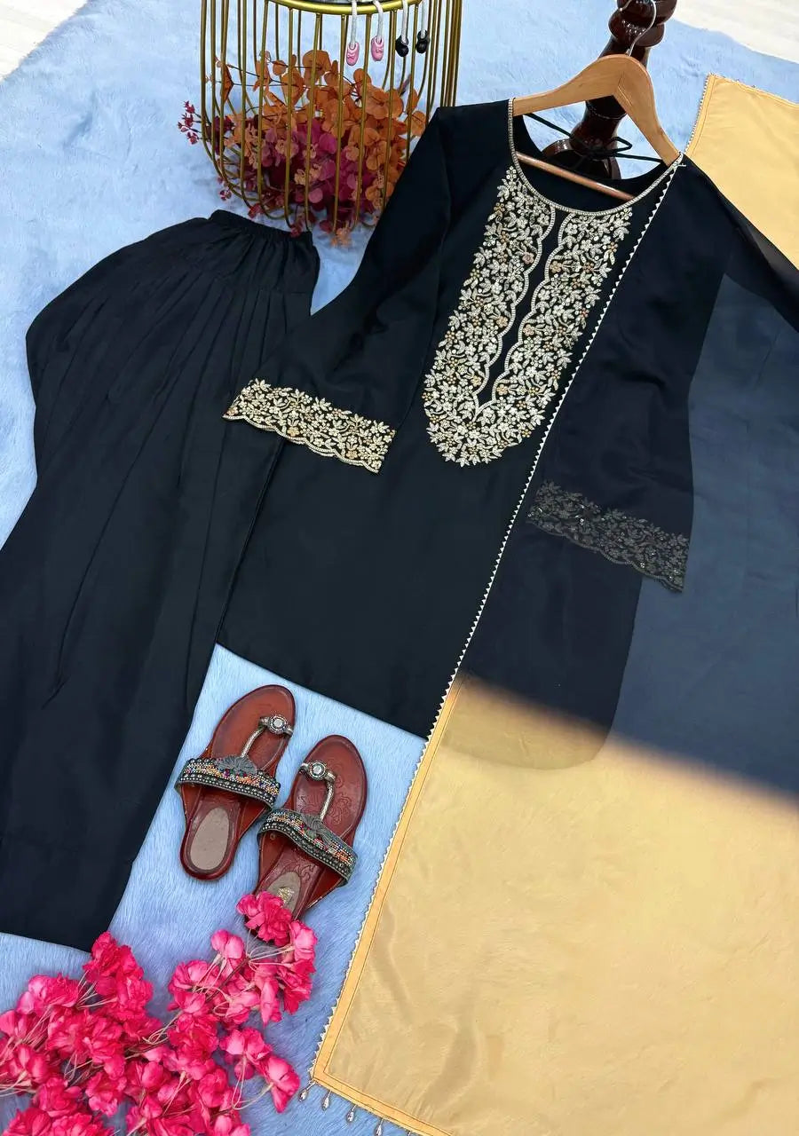 Embroidered Satin Palazzo Suit Set
