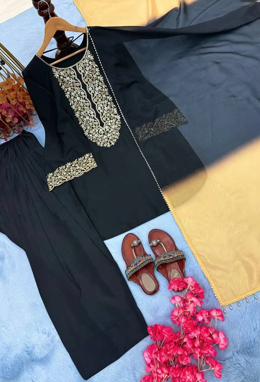 Embroidered Satin Palazzo Suit Set