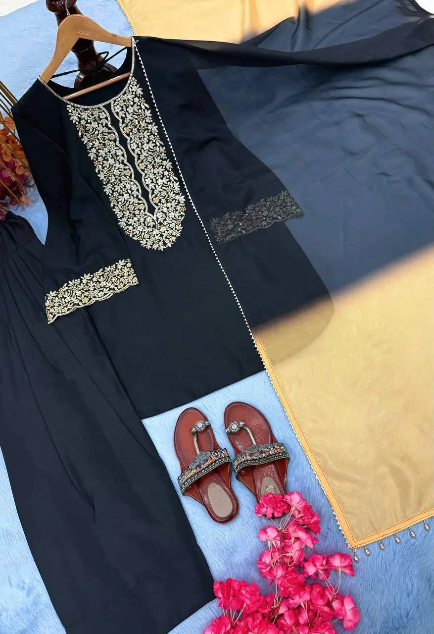 Embroidered Satin Palazzo Suit Set