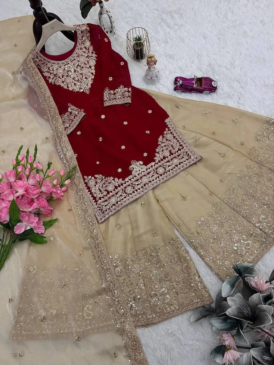 Embroidered Satin Sharara Suit Set with Dupatta