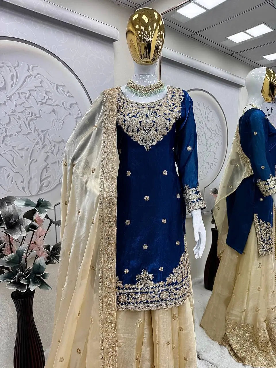 Embroidered Satin Sharara Suit Set with Dupatta