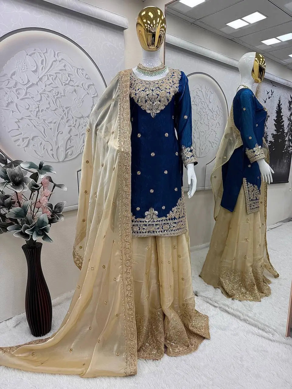 Embroidered Satin Sharara Suit Set with Dupatta