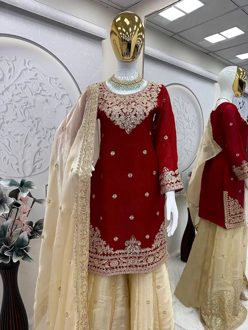 Embroidered Satin Sharara Suit Set with Dupatta