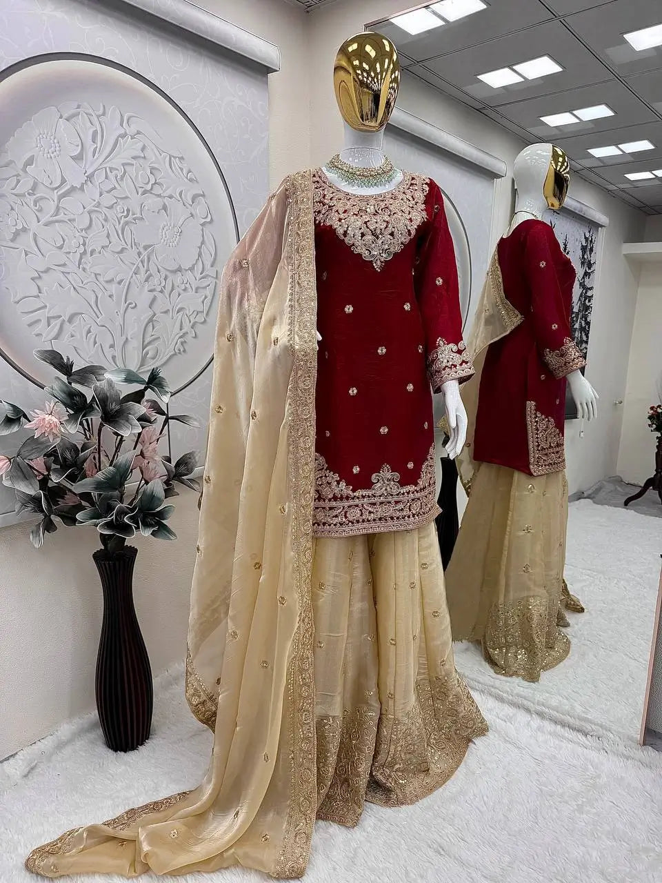Embroidered Satin Sharara Suit Set with Dupatta