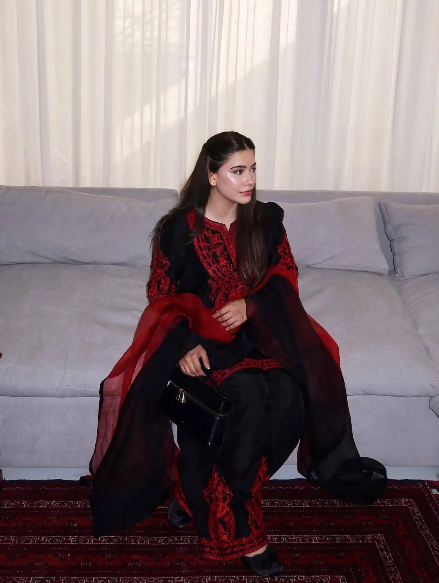 Embroidered Satin Sharara Suit Set with Dupatta